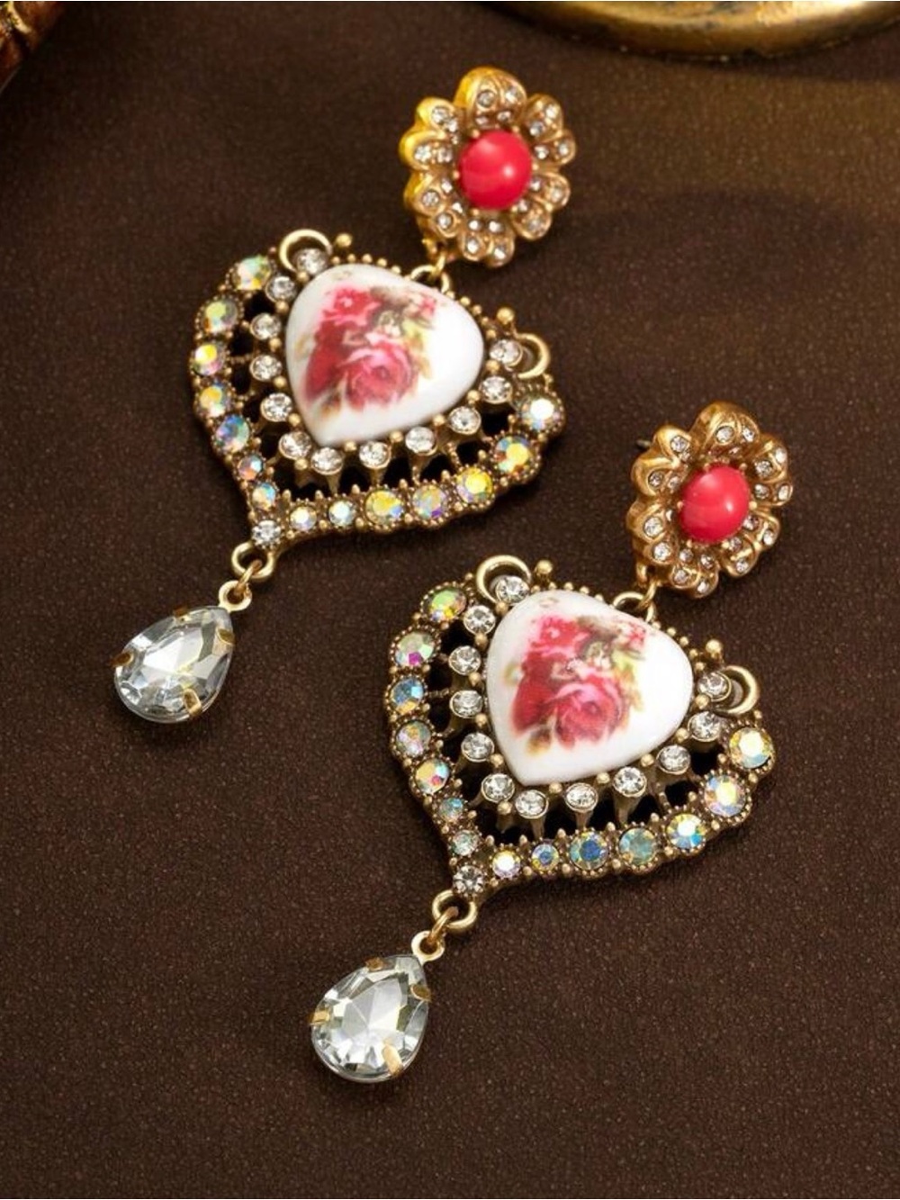 VintageGold Heart Drop Earrings with Pink Rose Porcelain Inset and Clear Drops